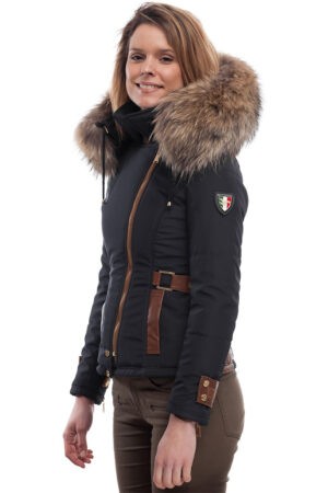 PUFFER JACKET IN BLUE FABRIC AND COFFEE BROWN LEATHER WITH FUR