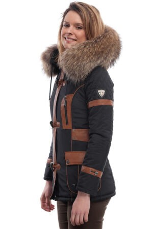 PUFFER JACKET IN BLUE FABRIC WITH COFFEE BROWN LEATHER AND FUR