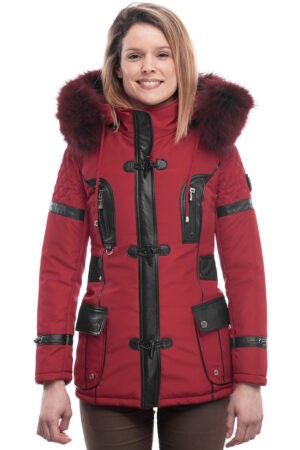 PUFFER JACKET IN RED FABRIC WITH BLACK LEATHER AND FUR