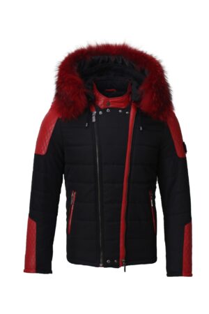 PUFFER JACKET BLACK FABRIC AND RED LEATHER WITH FUR