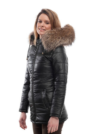 PUFFER JACKET IN BLACK LEATHER WITH FUR